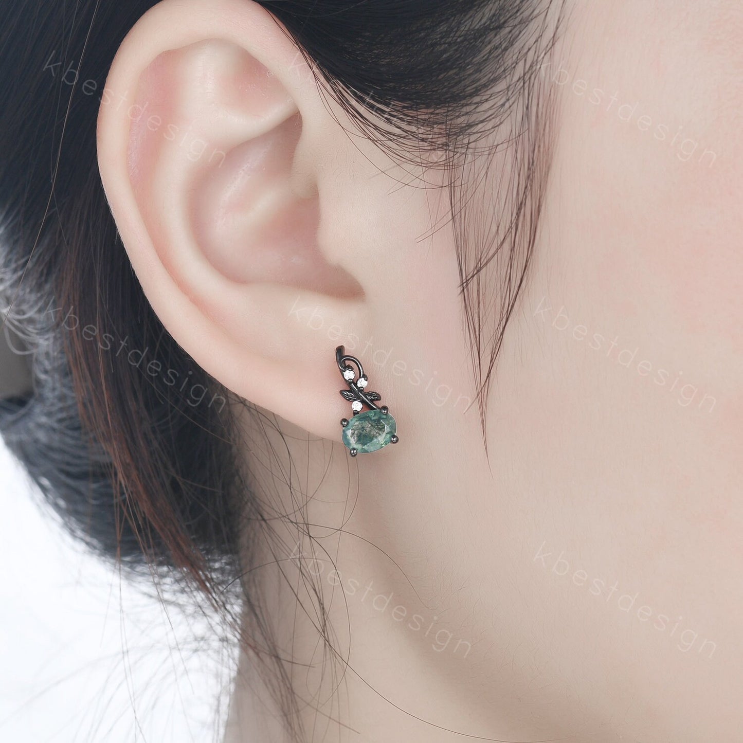 Oval cut moss agate earrings women black gold earring studs nature inspired earrings art deco green agate studs birthday/anniversary gift