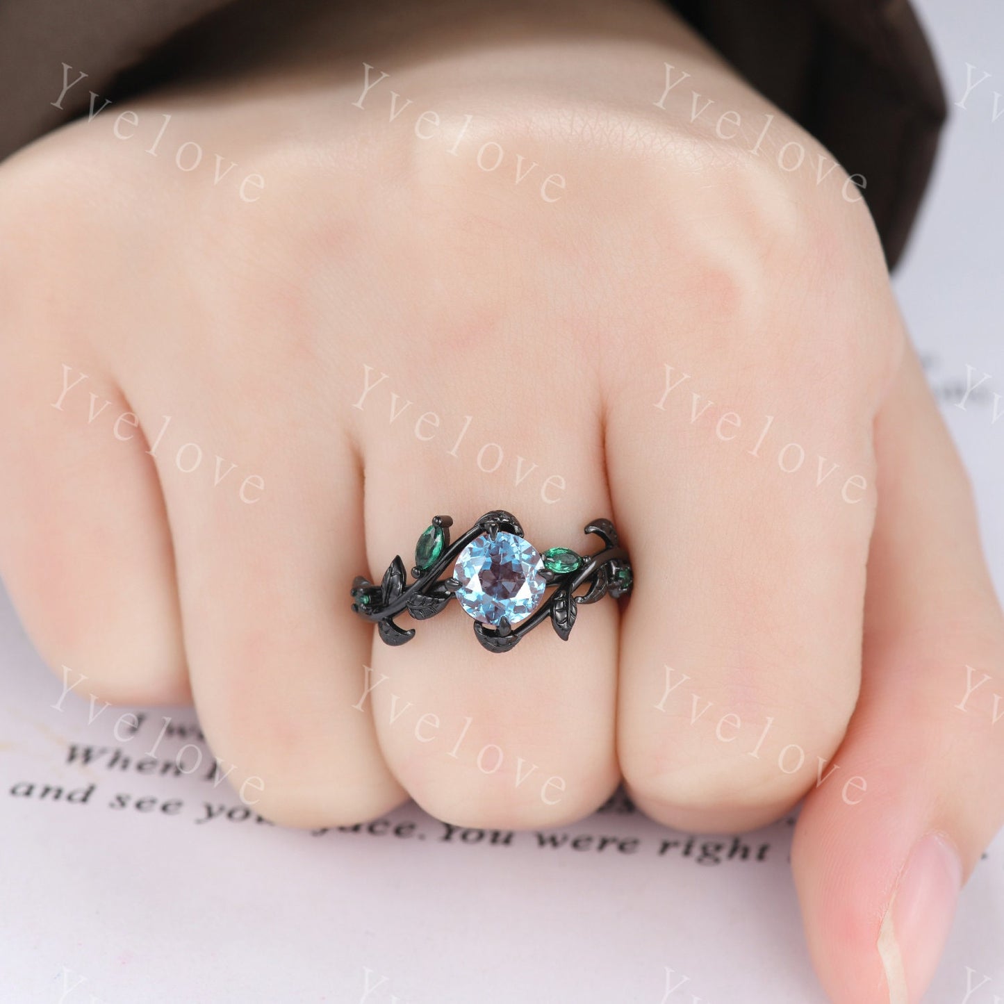 Vintage Round Alexandrite Engagement Ring,Black Gold,Leaf Peridot Amethyst Ring,Women Bridal Set,Unique Nature Inspired Promise Ring Gift