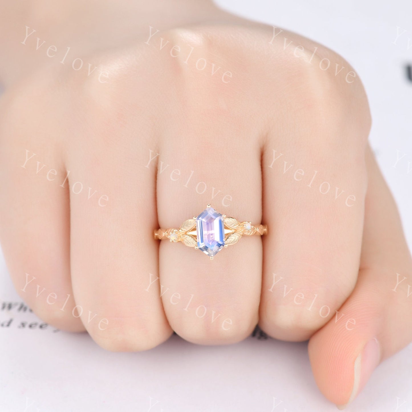 Vintage Hexagon Moonstone Engagement Ring 14k Solid Gold Ring Antique Leaf White Opal Ring Matching Stacking Wedding Band Bridal Set Gift