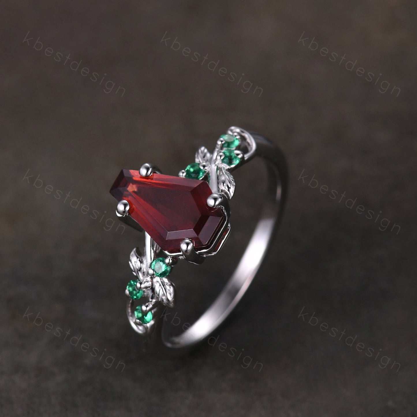 Coffin cut garnet engagement ring Vintage silver ring Art deco leaf design emerald wedding ring nature inspired ring bridal promise ring