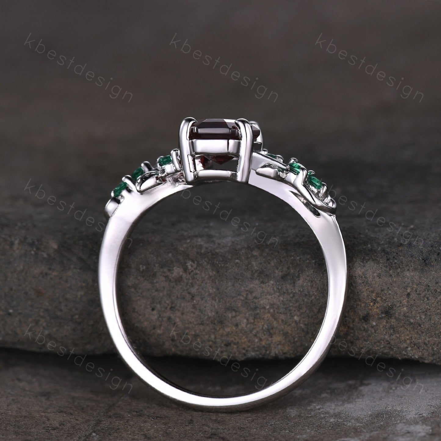 Coffin cut garnet engagement ring Vintage silver ring Art deco leaf design emerald wedding ring nature inspired ring bridal promise ring