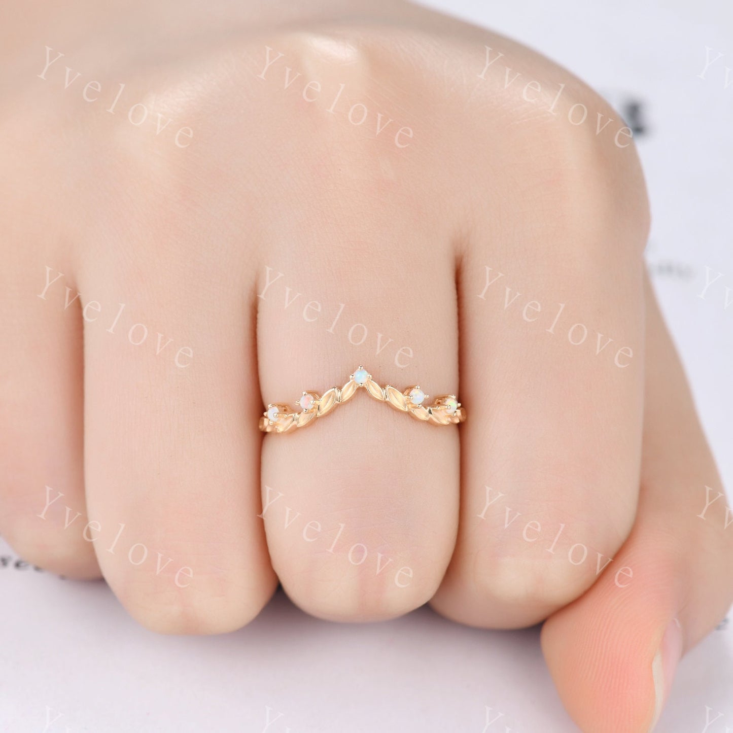 Vintage White Opal Engagement Ring,Leaf Matching Band,V Curved Stackable Ring Women Wedding Band,14k Gold Promise Ring Anniversary Gift