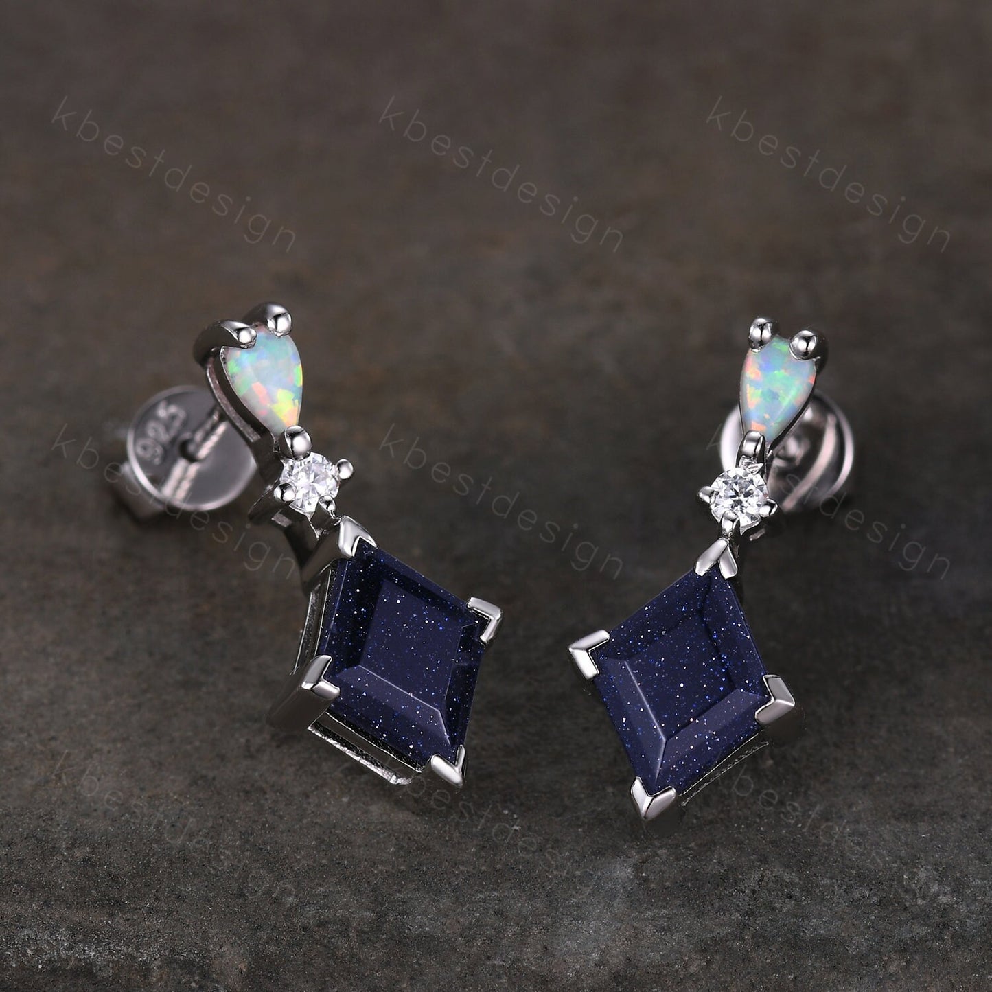 Rhombus cut blue sandstone earring studs, silver opal & galaxy sandstone earrings, best friend gift, dangle studs, anniversary gift for her