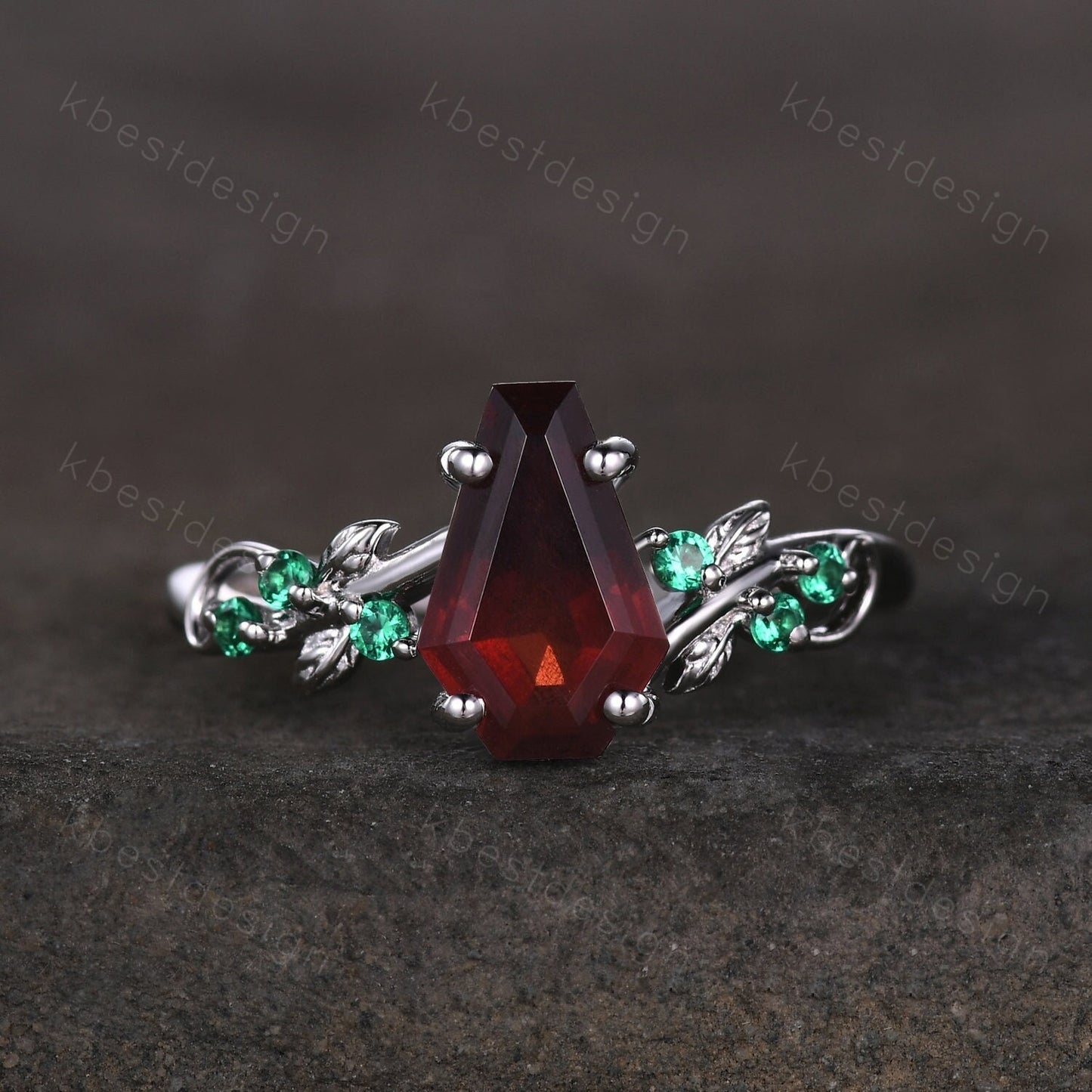 Coffin cut garnet engagement ring Vintage silver ring Art deco leaf design emerald wedding ring nature inspired ring bridal promise ring