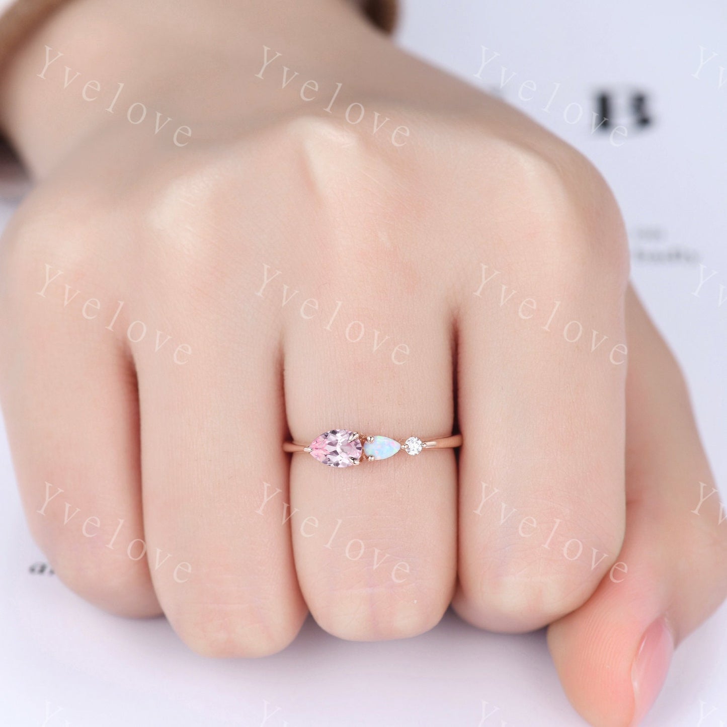 Vintage Pink Sapphire Opal Engagement Ring,Pear Cut Gems,Art Deco Moissanite Wedding Band,3 Stone Unique Women Bridal Promise Ring,Custom