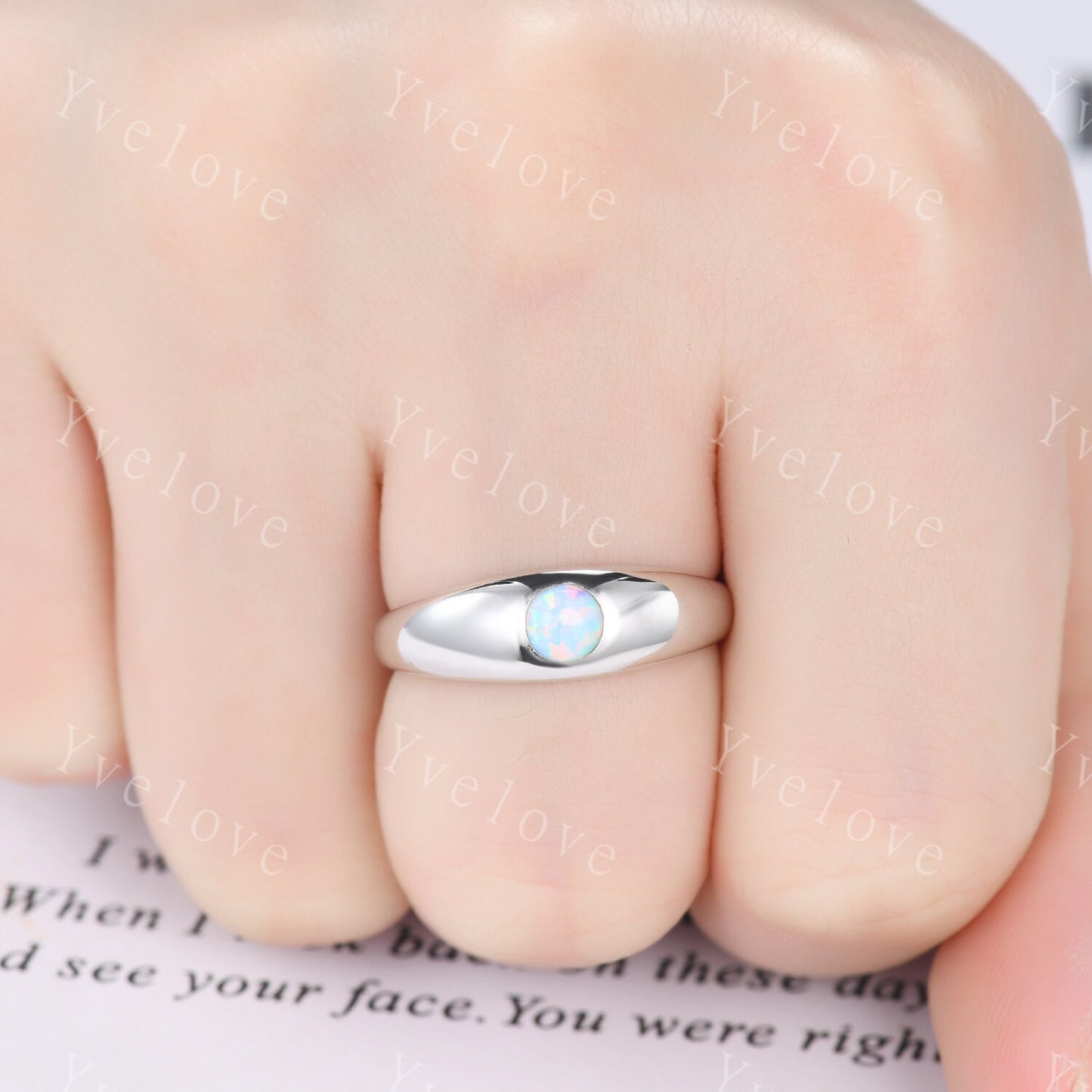 Men ring round cut white opal engagement ring 14k white plain gold wedding band mens promise ring anniversary ring father's gift customized