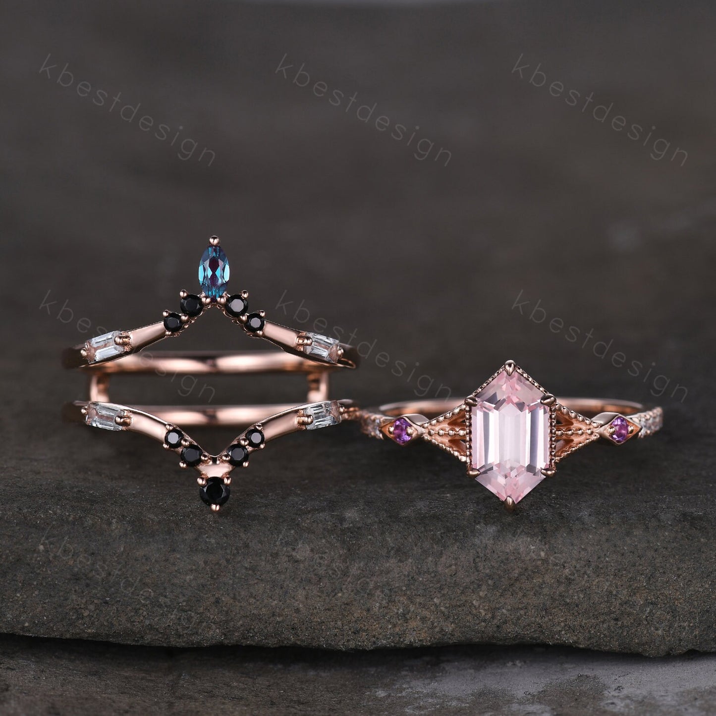 Antique Pink Sapphire Engagement Ring Set Women Hexagon cut Ring Unique Art Deco Aquamarine Stacking Matching Band Bridal Promise Set