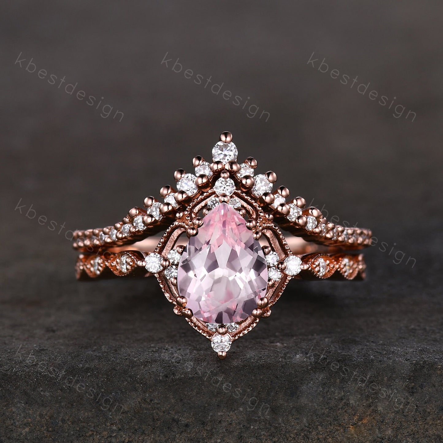 Vintage pink sapphire engagement ring rose gold ring art deco curve stacking band pear shaped bridal set unique moissanite wedding set