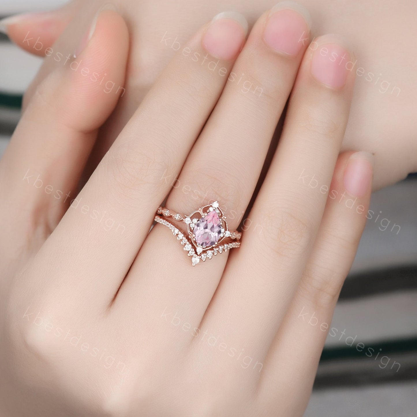 Vintage pink sapphire engagement ring rose gold ring art deco curve stacking band pear shaped bridal set unique moissanite wedding set