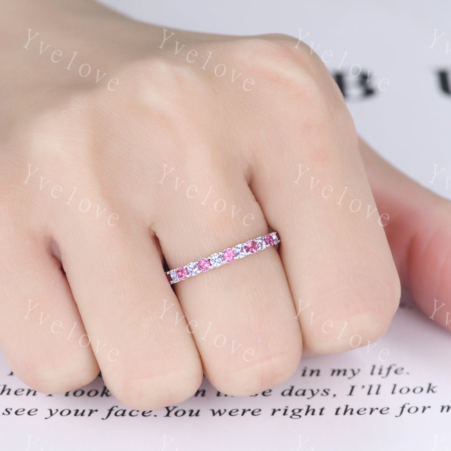 2mm Natural tanzanite and Pink Tourmaline wedding band minimalist wedding ring 925 silver ring promise bridal stacking band birthday gift