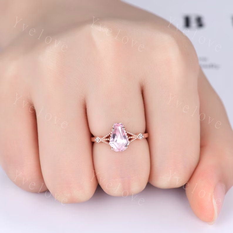 Vintage coffin pink sapphire ring set diamond wedding ring Unique sapphire engagement ring 18k rose gold diamond matching band promise ring
