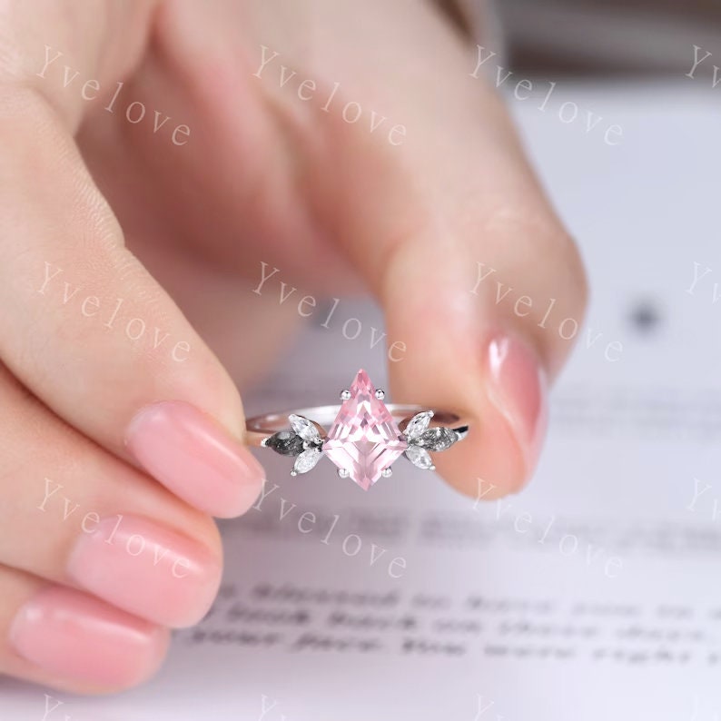 Vintage Kite Cut Pink Sapphire Engagement Ring Set,Unique Bridal Ring Set,Marquise Black Rutilated Quartz,White Gold Galaxy Anniversary Ring