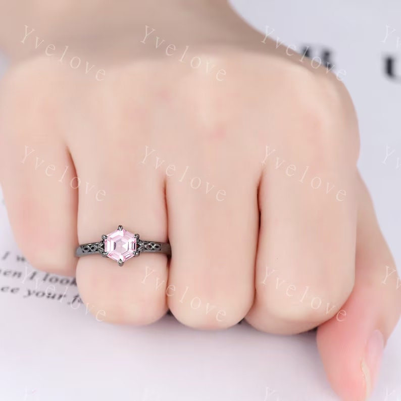 Hexagon Shaped Pink Sapphire Engagement Ring Set 925 Silver Vintage Sapphire Wedding Ring Enhancer Band Art Deco Bridal Ring Set For Women