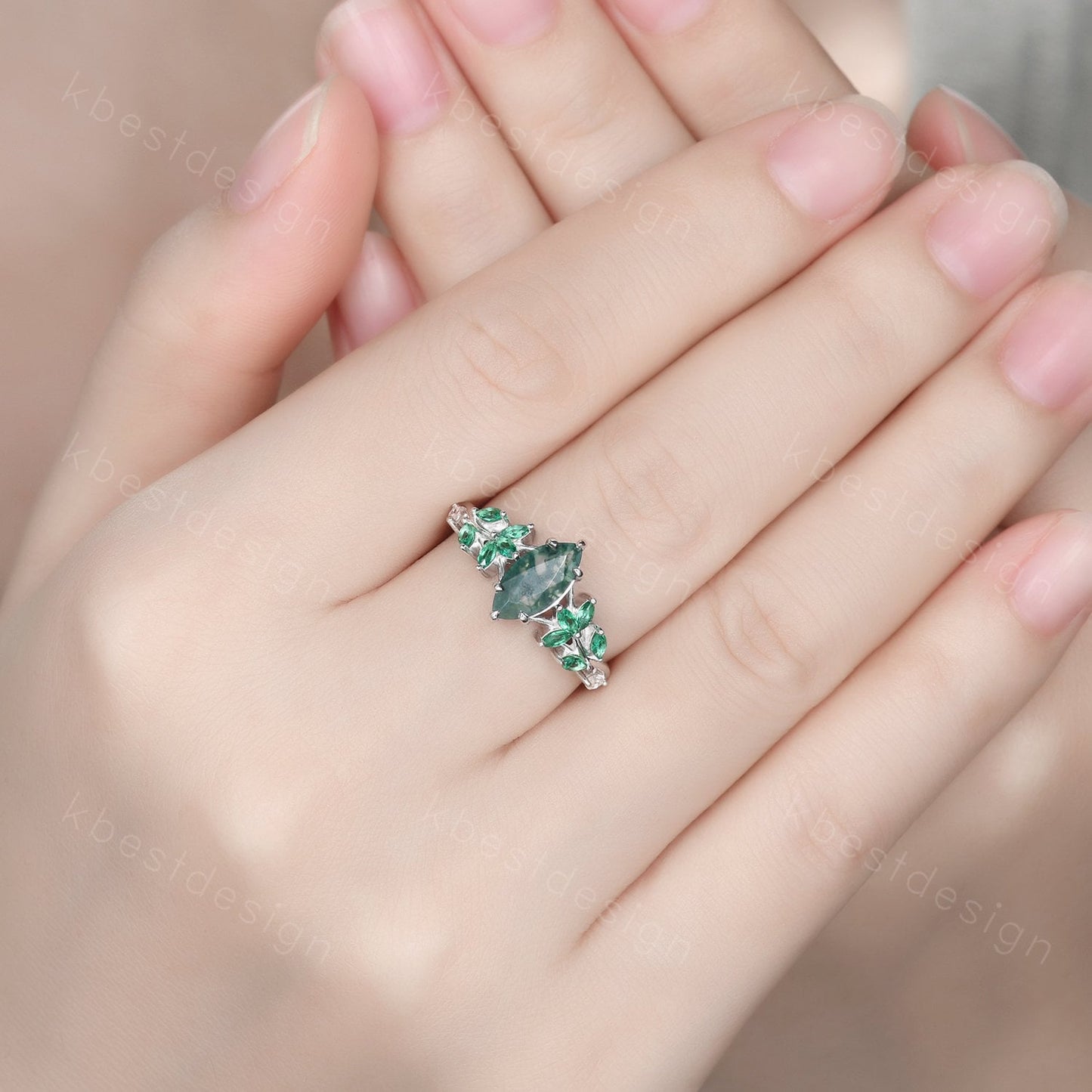 Vintage Marquise Moss Agate Engagement Ring Unique Art Deco Leaf Emerald Cluster Ring Women Green Agate Branch Ring Bridal Promise Ring