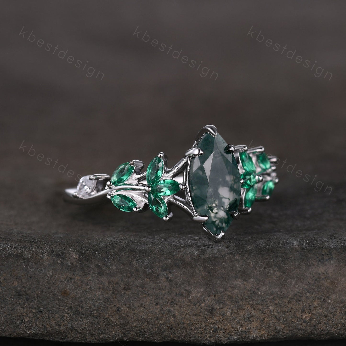 Vintage Marquise Moss Agate Engagement Ring Unique Art Deco Leaf Emerald Cluster Ring Women Green Agate Branch Ring Bridal Promise Ring