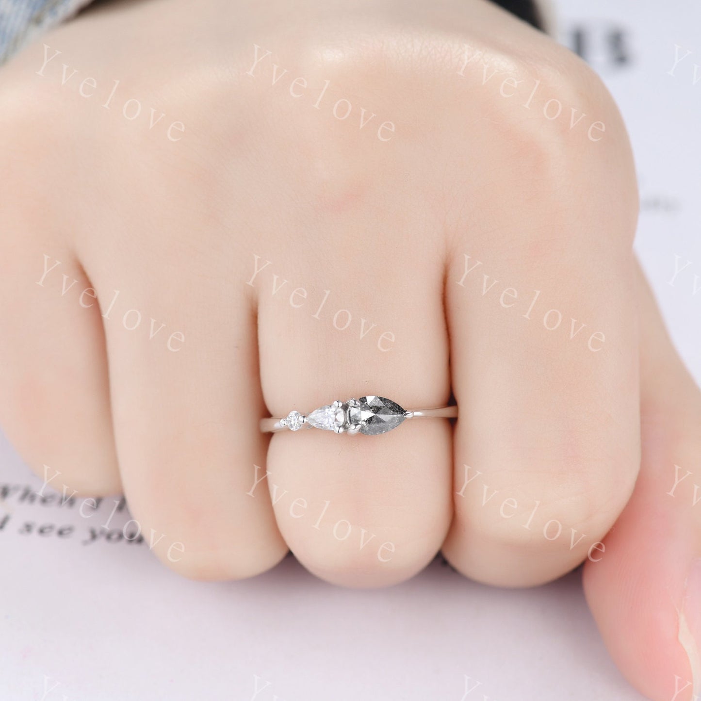 Vintage Salt and Pepper Diamond Engagement Ring,Pear Cut Gems,Art Deco Diamondl Wedding Band,3 Stone Unique Women Bridal Promise Ring Gift