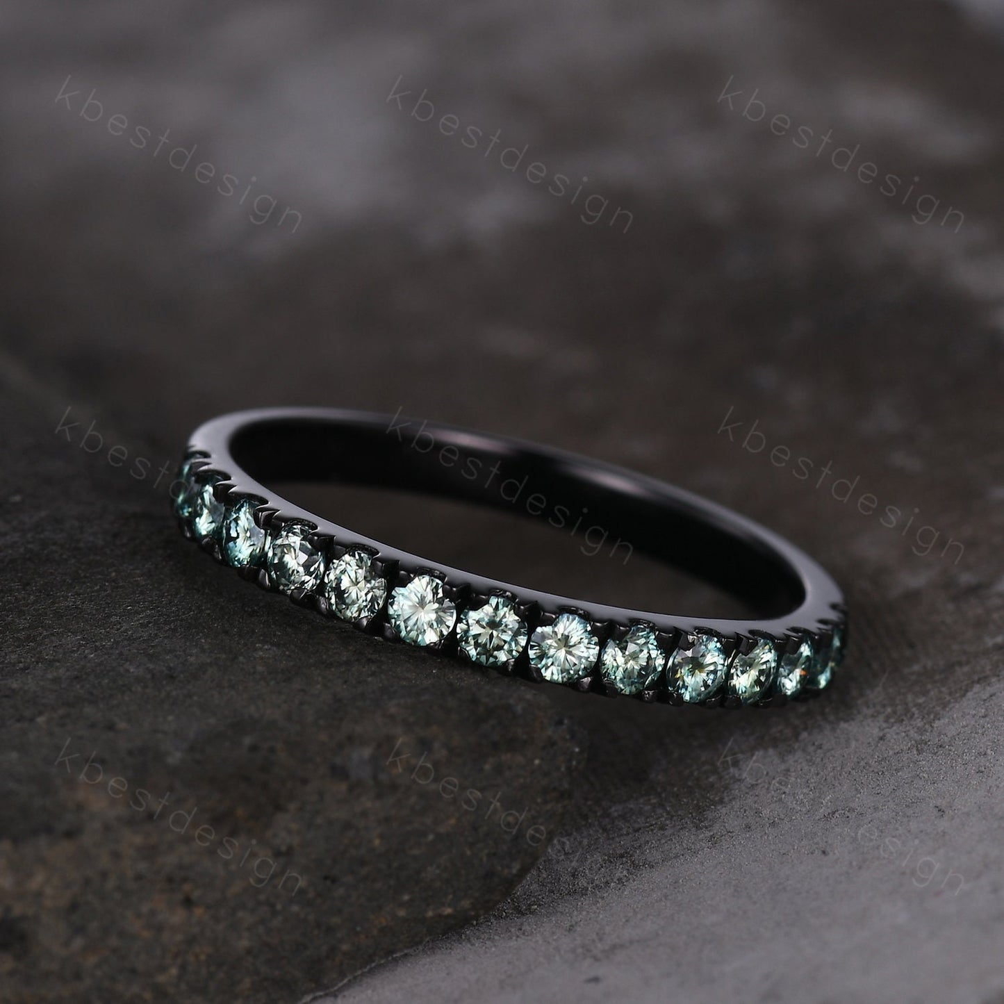 2mm Green Moissanite Wedding Band Black Gold Half Eternity Stacking Band Dainty Moissanite Ring Women Matching Band Promise Anniversary Ring