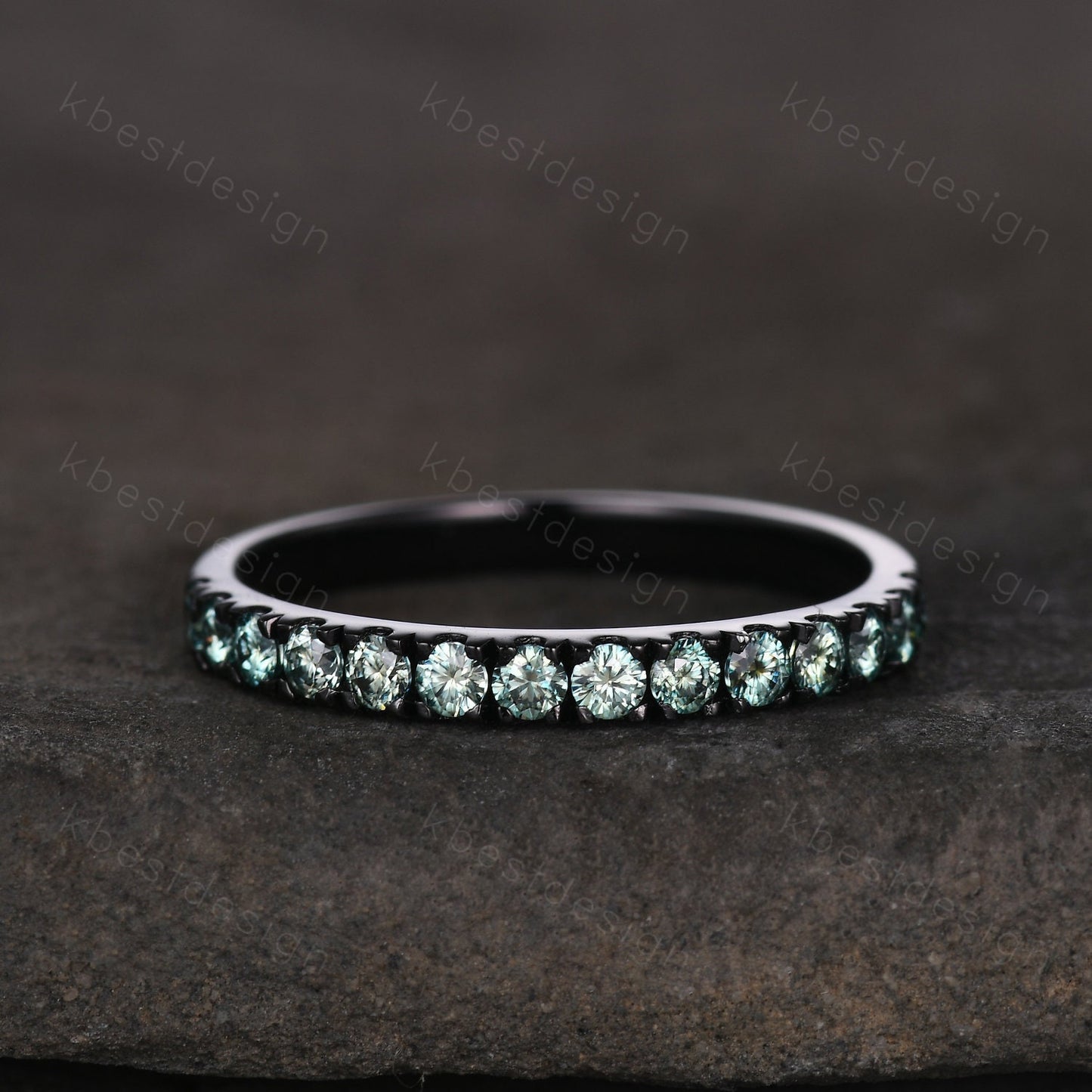 2mm Green Moissanite Wedding Band Black Gold Half Eternity Stacking Band Dainty Moissanite Ring Women Matching Band Promise Anniversary Ring