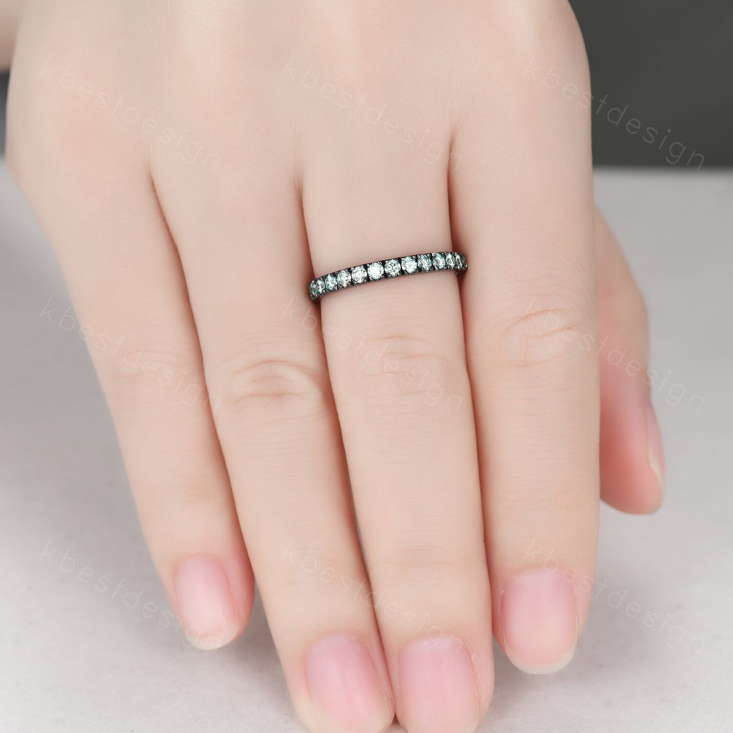 2mm Green Moissanite Wedding Band Black Gold Half Eternity Stacking Band Dainty Moissanite Ring Women Matching Band Promise Anniversary Ring