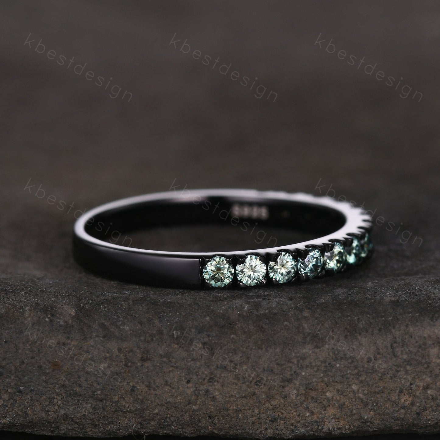 2mm Green Moissanite Wedding Band Black Gold Half Eternity Stacking Band Dainty Moissanite Ring Women Matching Band Promise Anniversary Ring