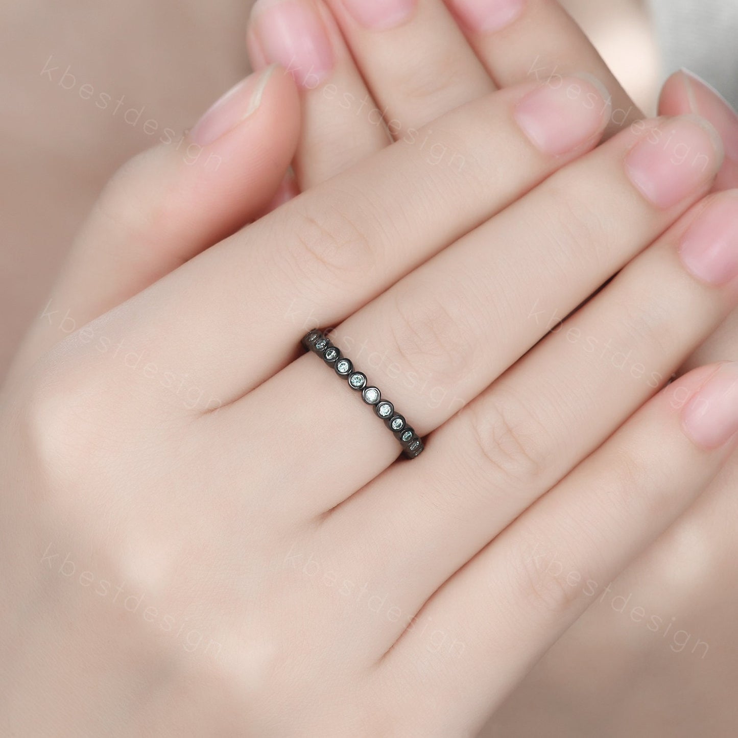 Eternity Green Moissanite Wedding Band Black Gold 2mm Moissanite Stacking Band Unique Women Matching Band Promise Anniversary Ring Bezel set