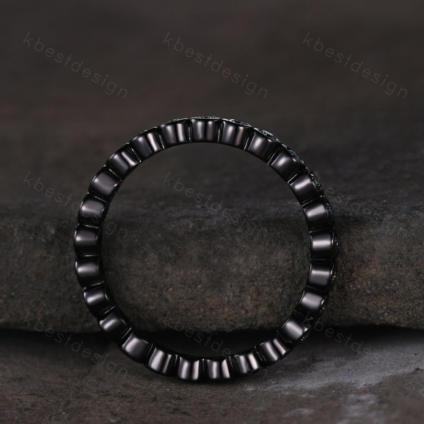 Eternity Green Moissanite Wedding Band Black Gold 2mm Moissanite Stacking Band Unique Women Matching Band Promise Anniversary Ring Bezel set
