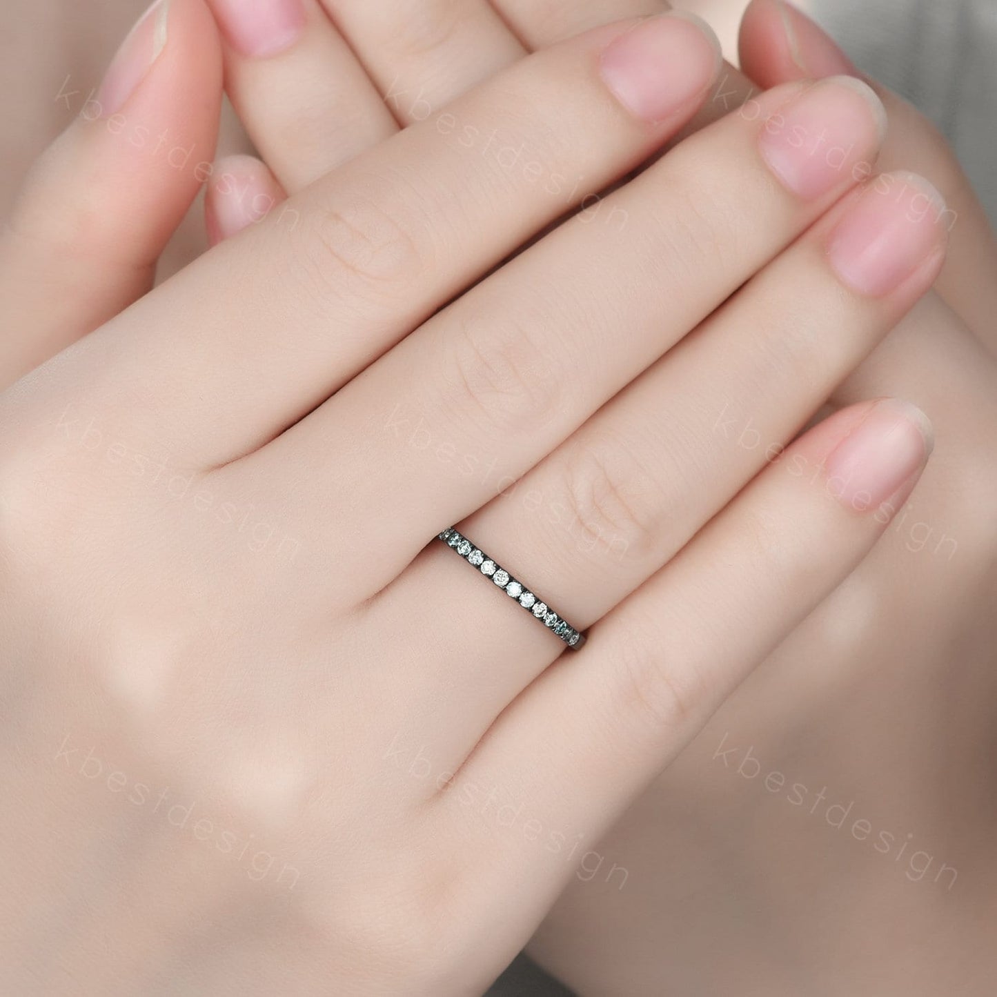 Black gold green moissanite wedding band 1.5mm half eternity stacking matching band unique dainty wedding band for women anniversary ring