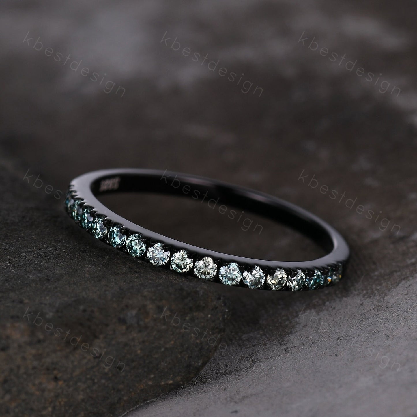 Black gold green moissanite wedding band 1.5mm half eternity stacking matching band unique dainty wedding band for women anniversary ring