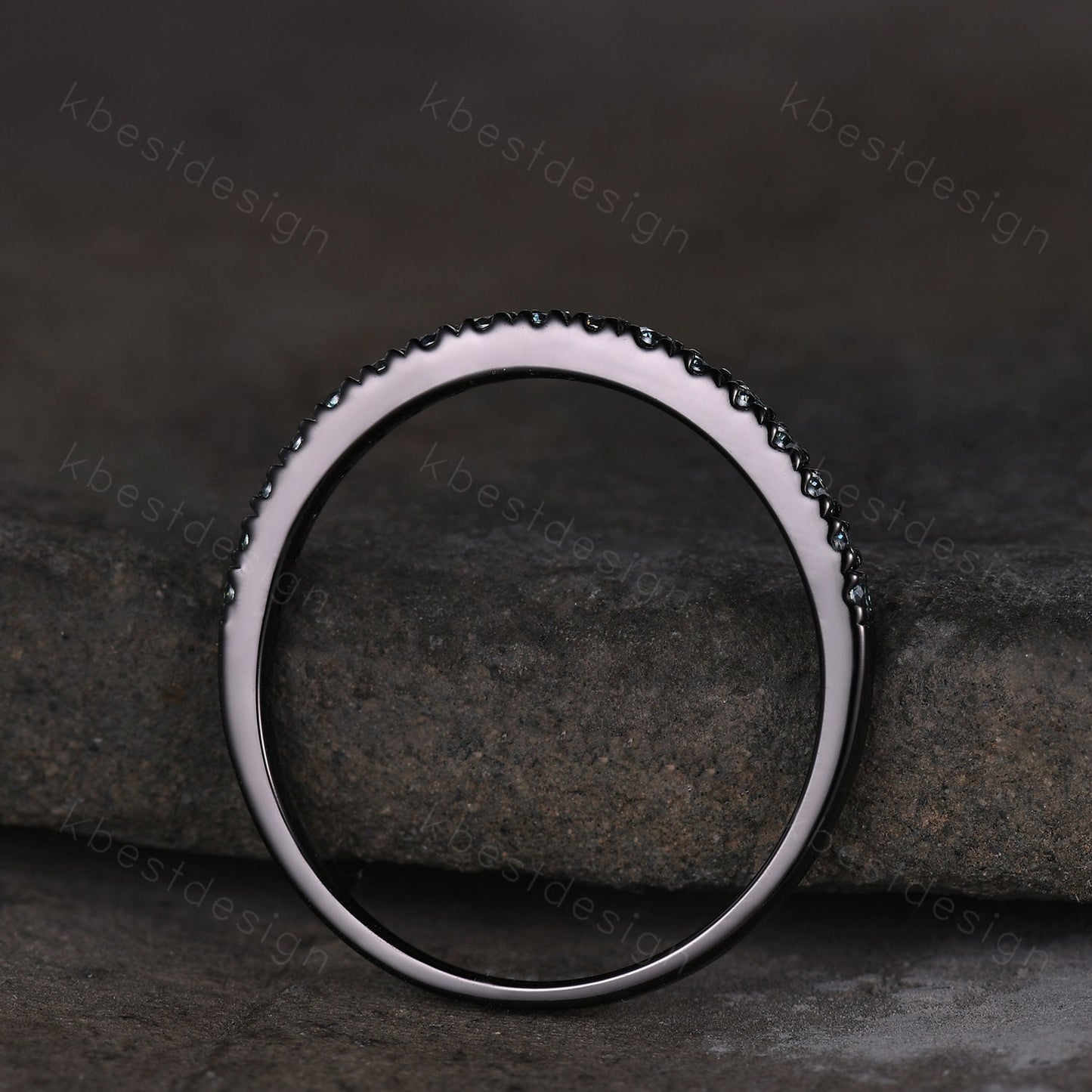 Black gold green moissanite wedding band 1.5mm half eternity stacking matching band unique dainty wedding band for women anniversary ring