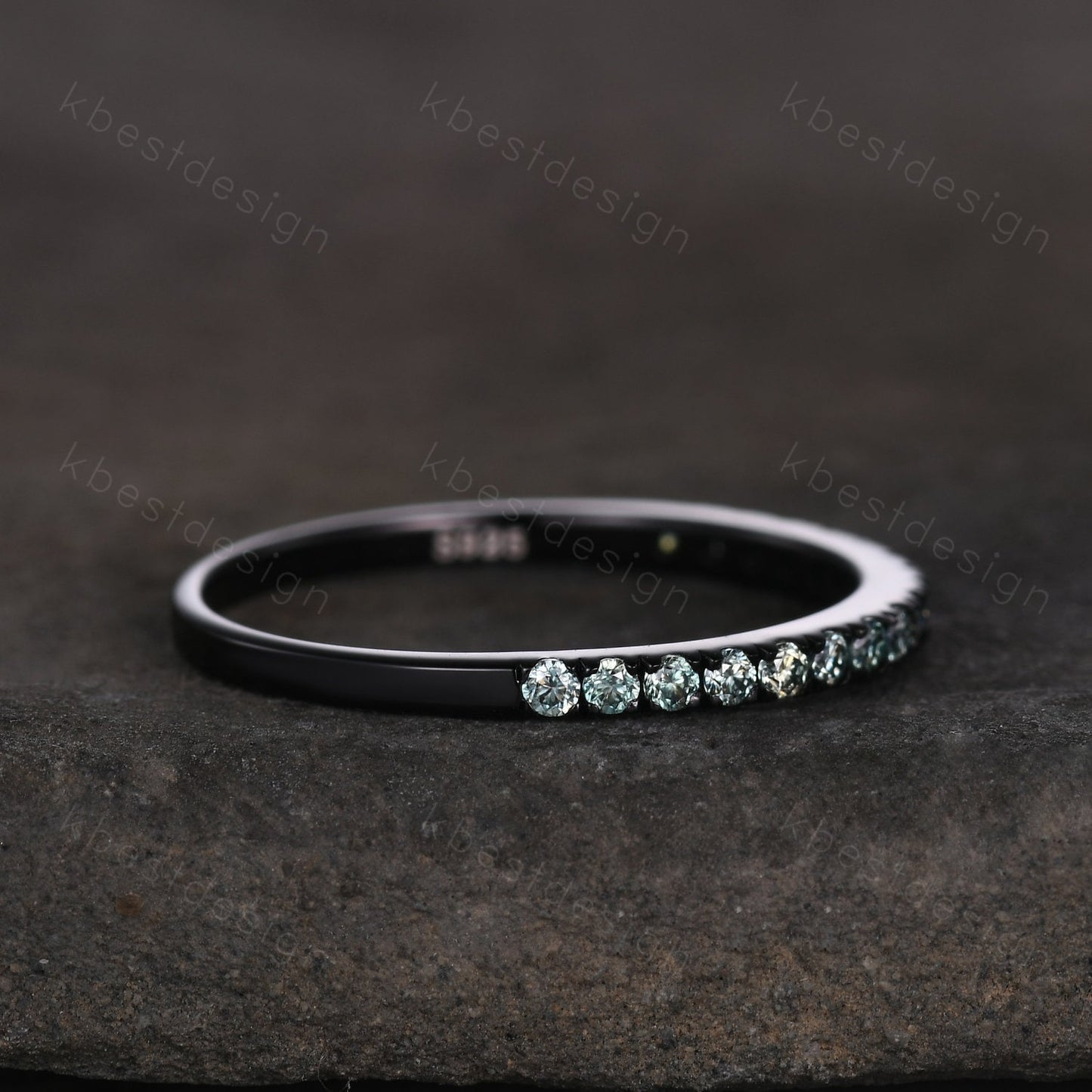 Black gold green moissanite wedding band 1.5mm half eternity stacking matching band unique dainty wedding band for women anniversary ring