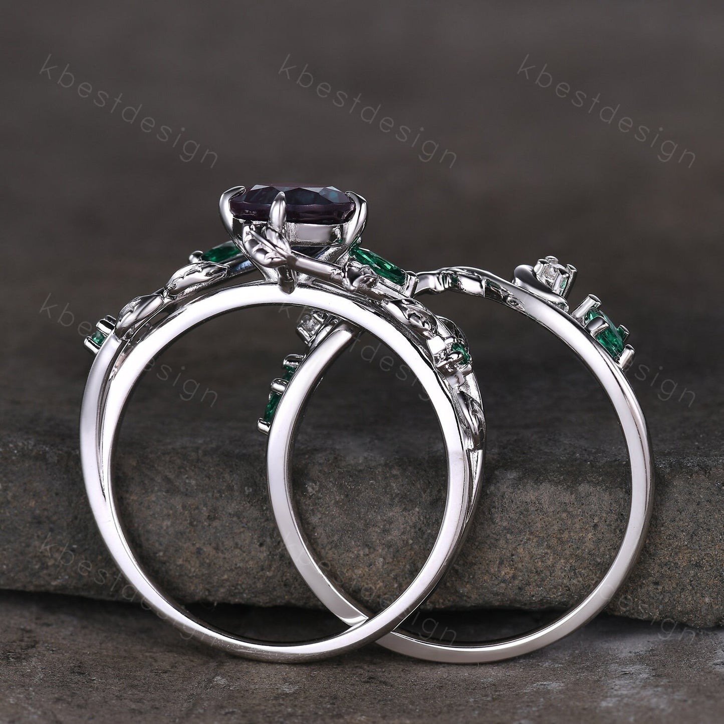 Vintage round cut alexandrite engagement ring silver art deco cluster leaf emerald wedding ring set nature inspired bridal promise ring