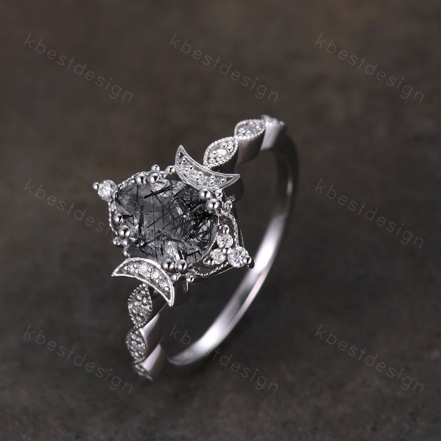 Vintage black rutilated quartz engagement ring 14k white gold ring unique moon style ring for women art deco moissanite bridal promise ring