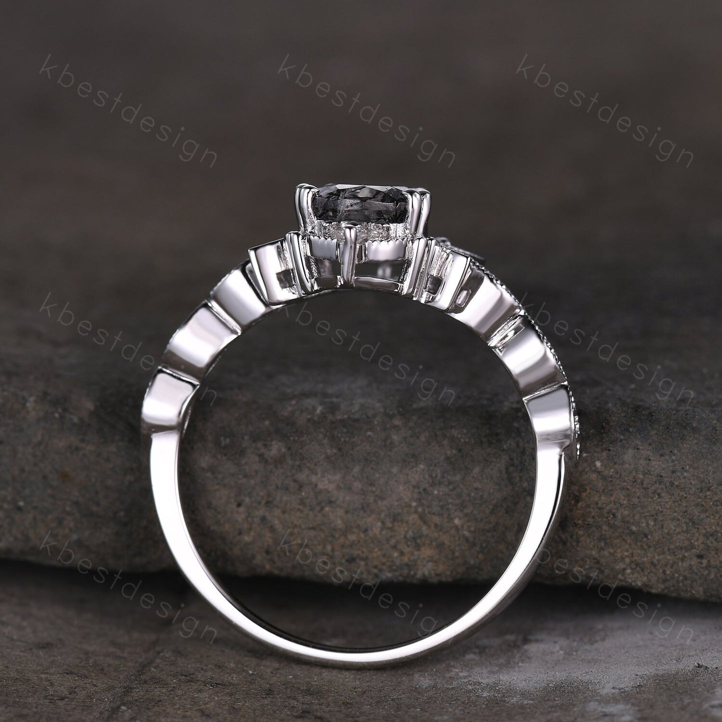 Vintage black rutilated quartz engagement ring 14k white gold ring unique moon style ring for women art deco moissanite bridal promise ring