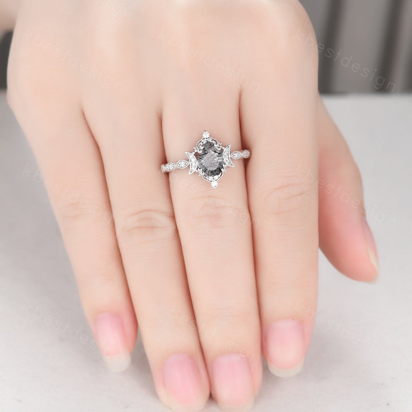 Vintage black rutilated quartz engagement ring 14k white gold ring unique moon style ring for women art deco moissanite bridal promise ring