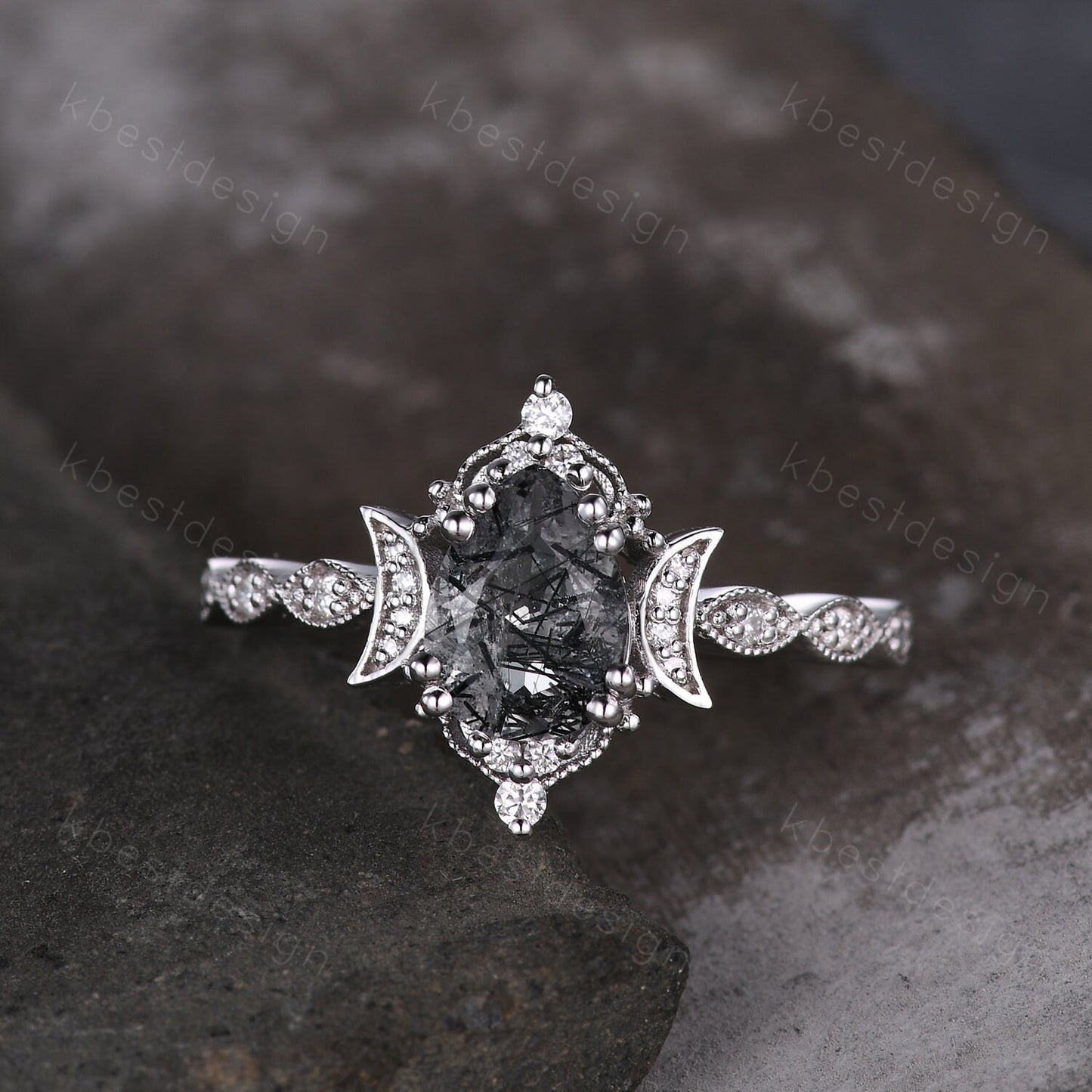 Vintage black rutilated quartz engagement ring 14k white gold ring unique moon style ring for women art deco moissanite bridal promise ring