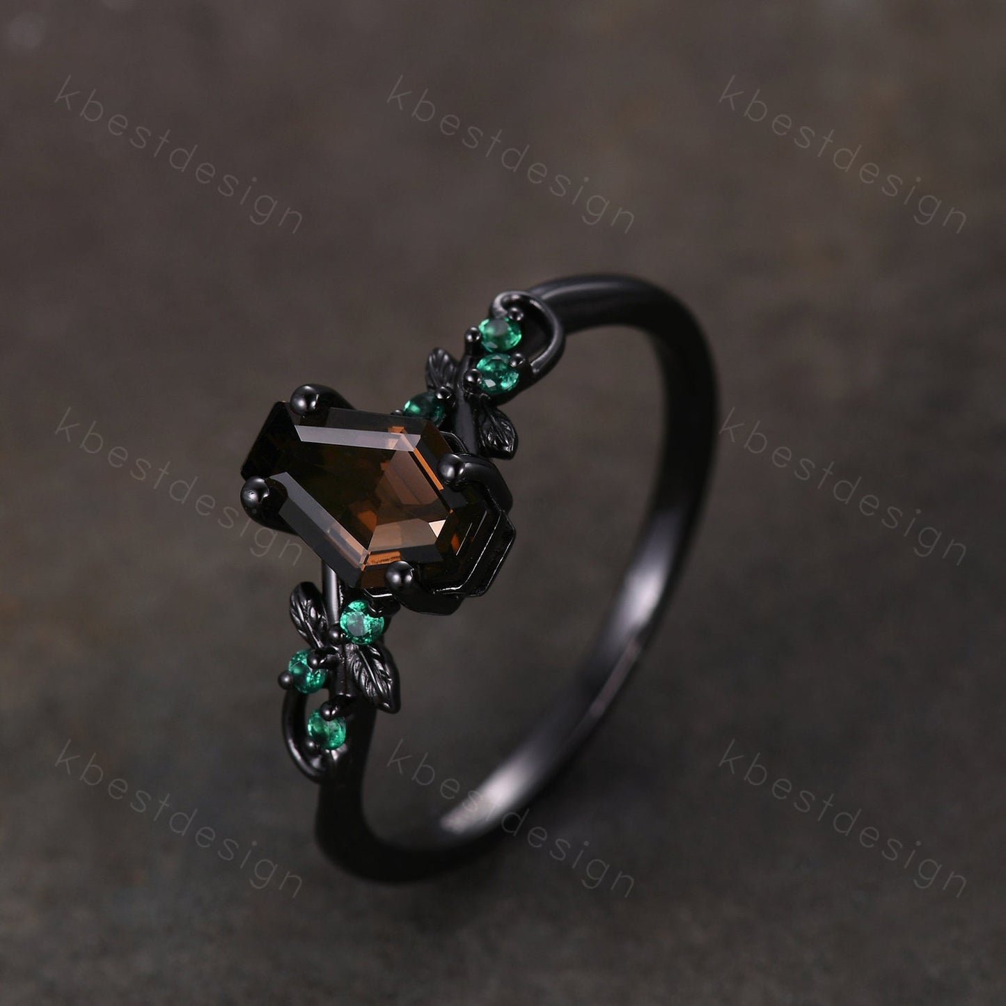 Coffin cut smoky quartz engagement ring Black gold ring Art deco leaf design emerald wedding ring nature inspired ring bridal promise ring
