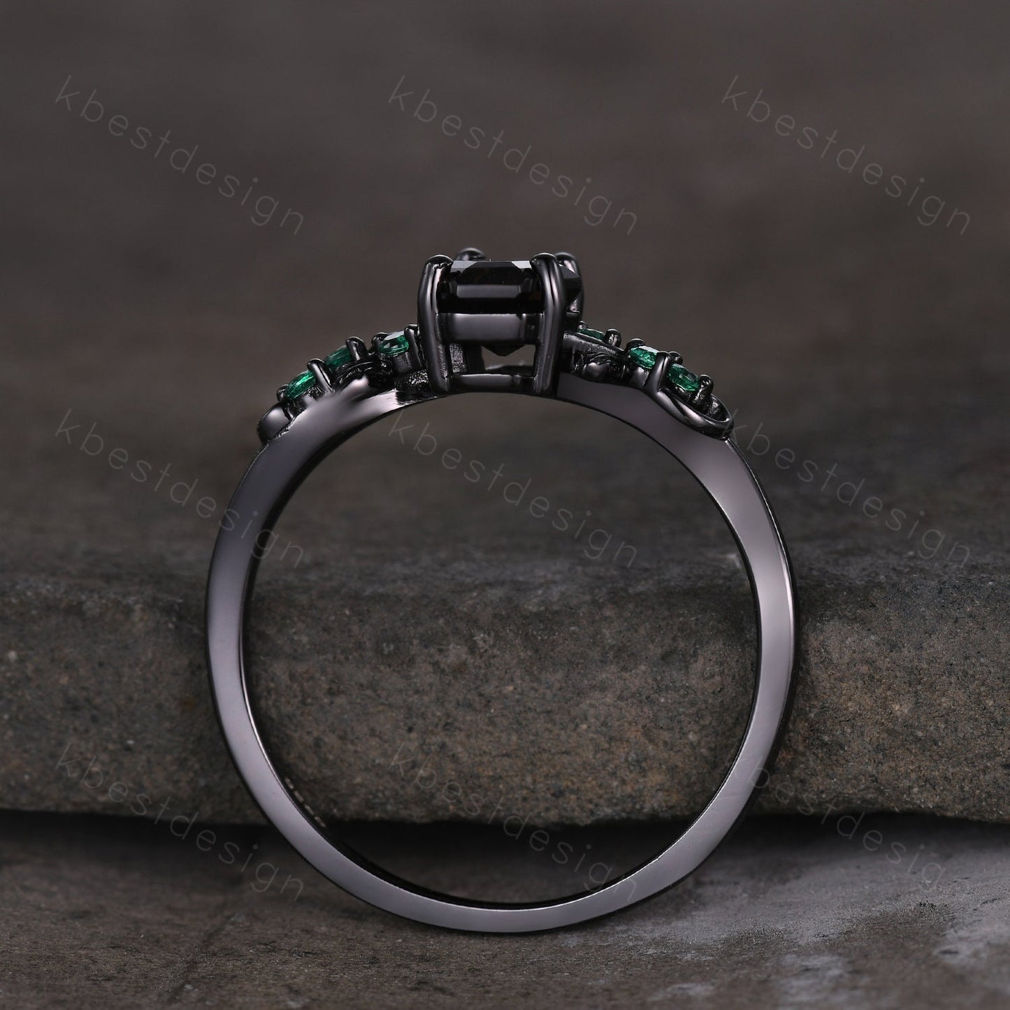 Coffin cut smoky quartz engagement ring Black gold ring Art deco leaf design emerald wedding ring nature inspired ring bridal promise ring