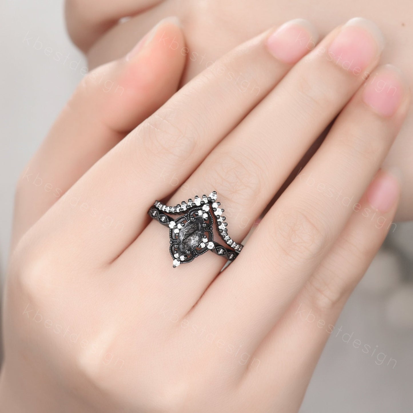 Vintage black rutilated quartz engagement ring set black gold art deco moissanite wedding band marquise cut unique bridal promise ring