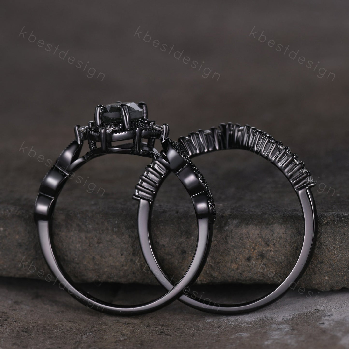 Vintage black rutilated quartz engagement ring set black gold art deco moissanite wedding band marquise cut unique bridal promise ring