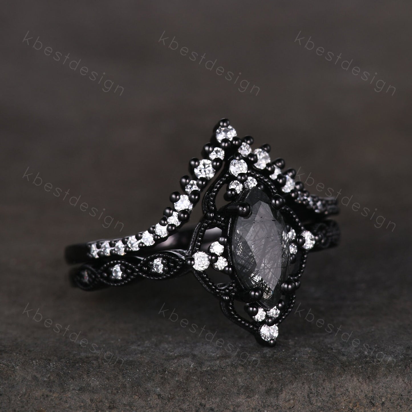 Vintage black rutilated quartz engagement ring set black gold art deco moissanite wedding band marquise cut unique bridal promise ring