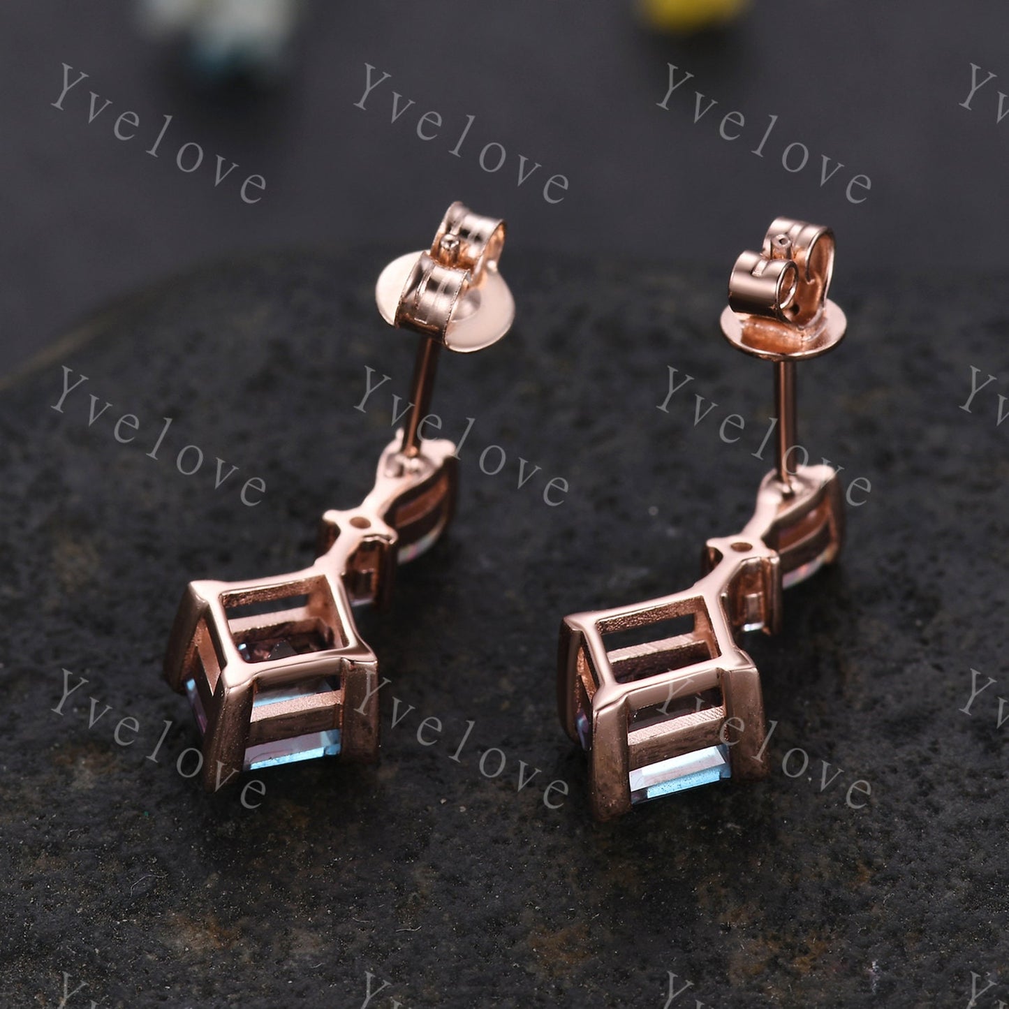 Unique Alexandrite Opal Earrings,Rhombus Cut Gems,Art Deco Diamond Delicate Dainty Drop Earrings,3 Stone Personalized Women Gift for Her