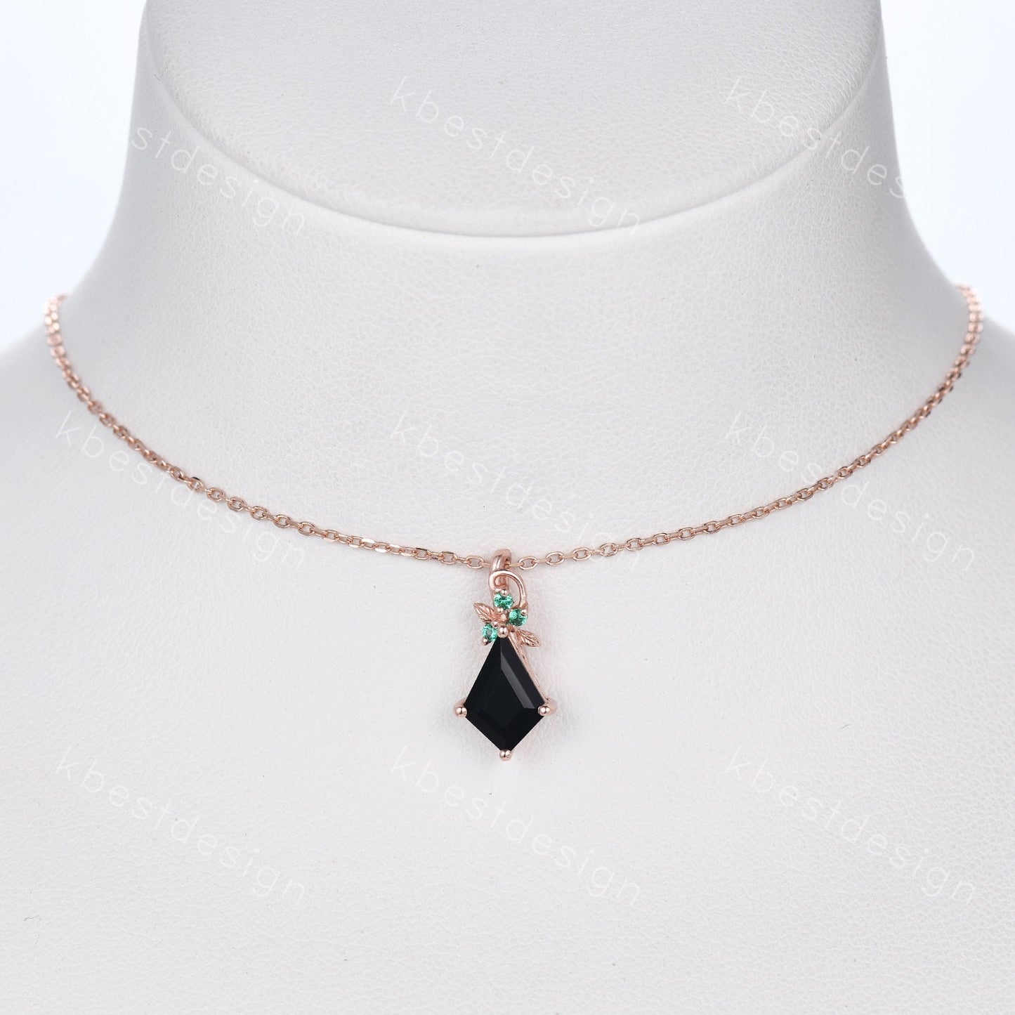 Kite cut natural black onyx necklace vintage women rose gold necklace unique leaf emerald pendant antique art deco bridal promise gift
