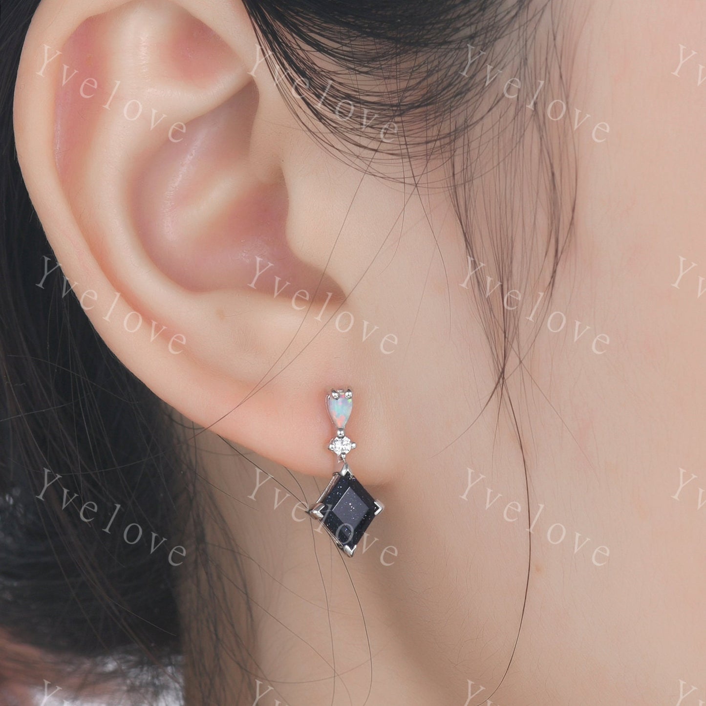 Unique Blue Sandstone Opal Earrings,Lozenge Cut Gems,Art Deco Diamond Delicate Dainty Drop Earrings,3 Stone Personalized Women Gift for Her