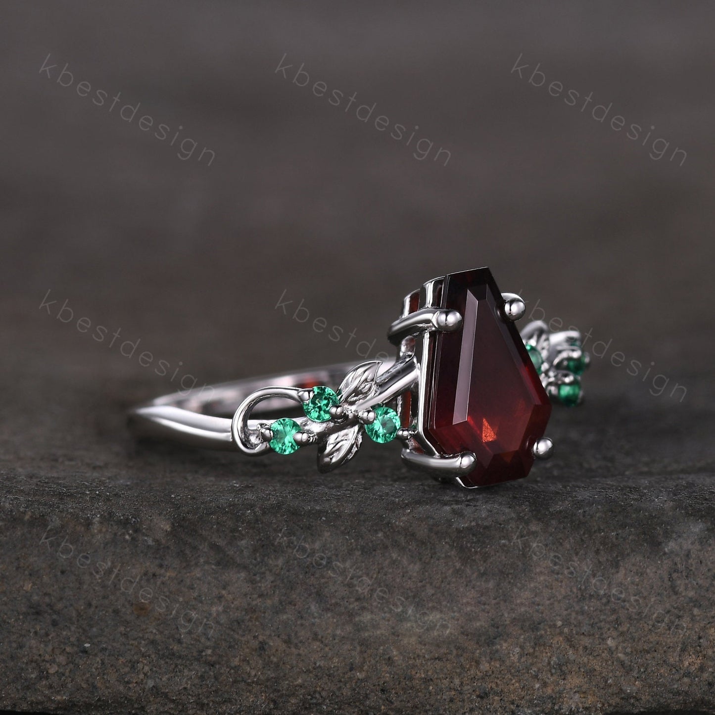 Coffin cut garnet engagement ring Vintage silver ring Art deco leaf design emerald wedding ring nature inspired ring bridal promise ring