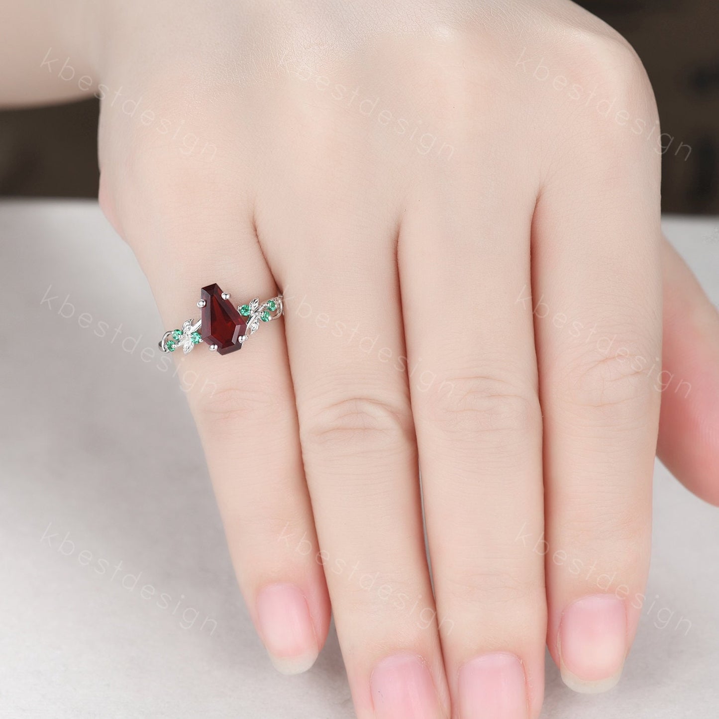Coffin cut garnet engagement ring Vintage silver ring Art deco leaf design emerald wedding ring nature inspired ring bridal promise ring