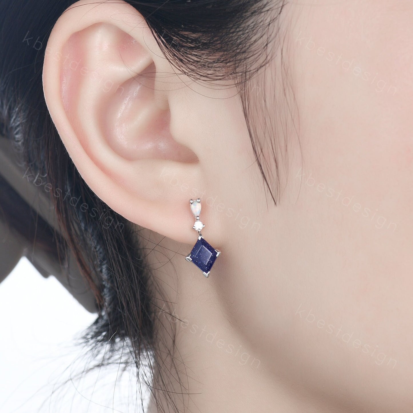 Rhombus cut blue sandstone earring studs, silver opal & galaxy sandstone earrings, best friend gift, dangle studs, anniversary gift for her