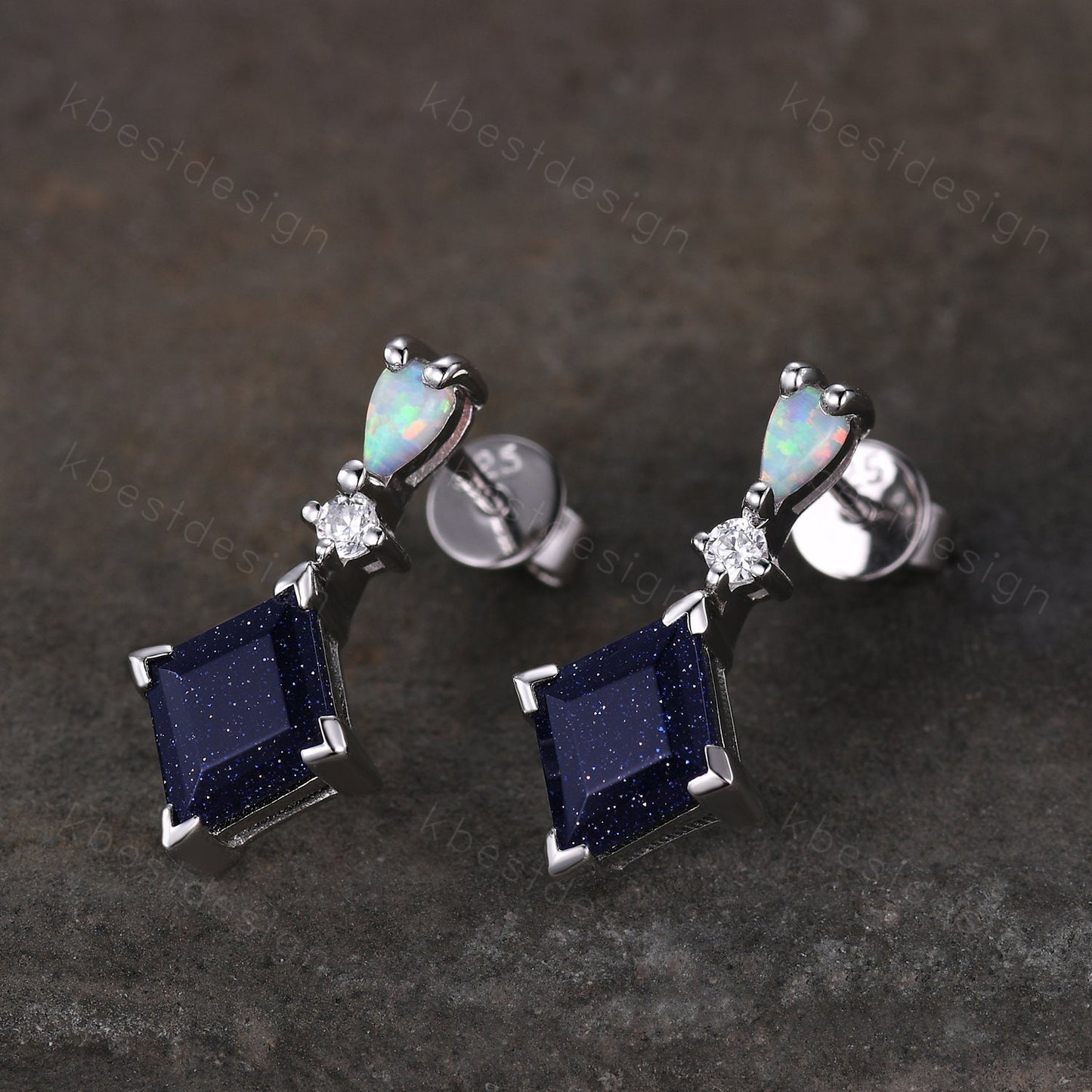 Rhombus cut blue sandstone earring studs, silver opal & galaxy sandstone earrings, best friend gift, dangle studs, anniversary gift for her