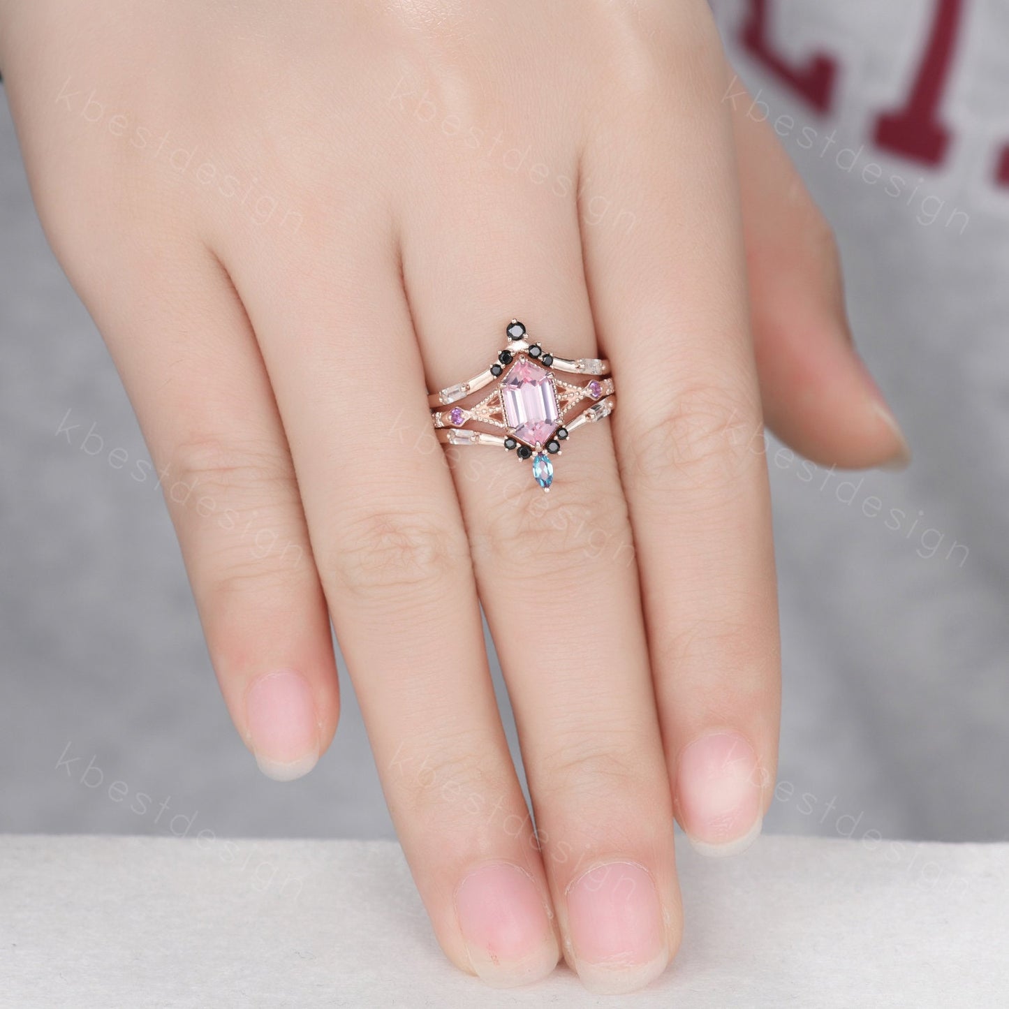Antique Pink Sapphire Engagement Ring Set Women Hexagon cut Ring Unique Art Deco Aquamarine Stacking Matching Band Bridal Promise Set