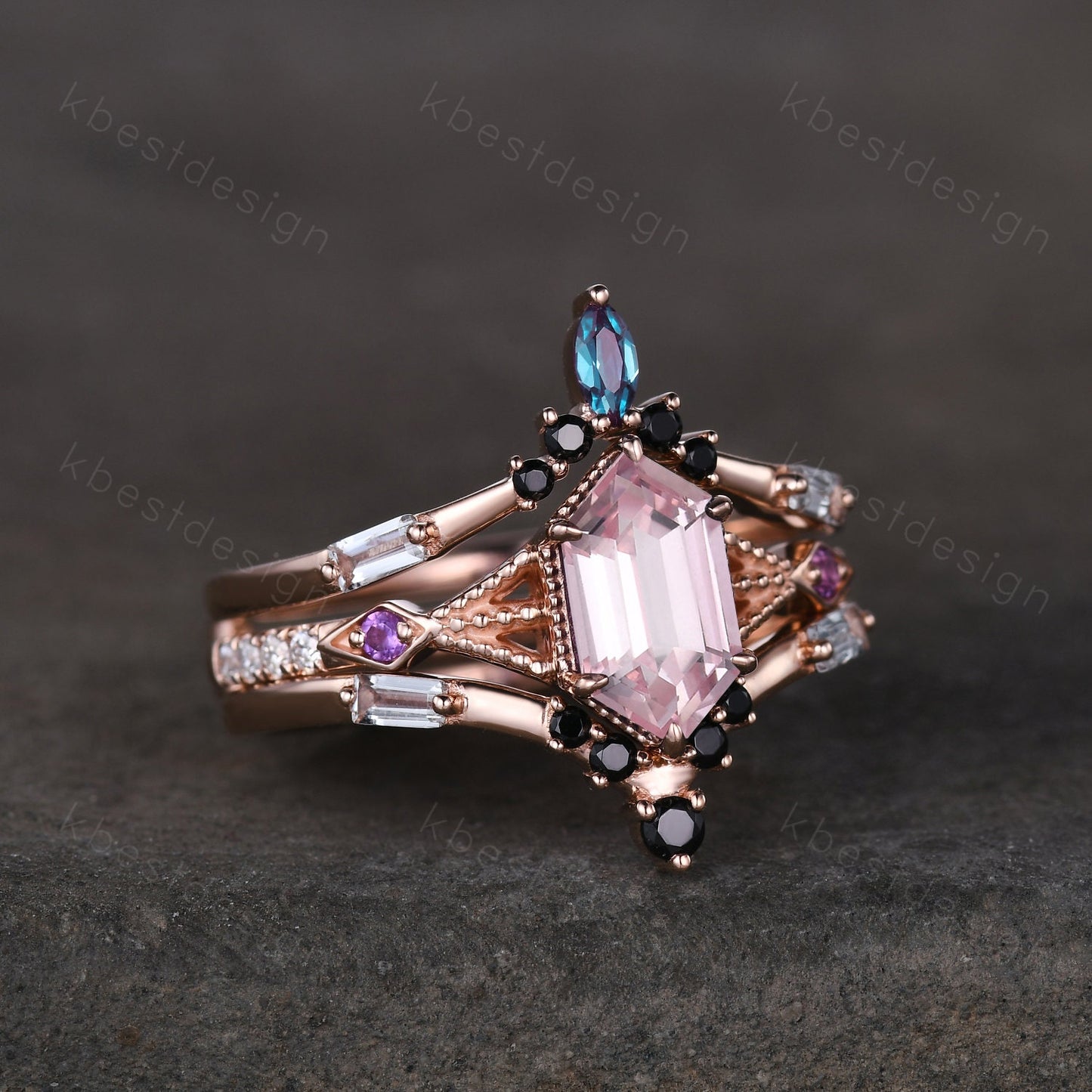Antique Pink Sapphire Engagement Ring Set Women Hexagon cut Ring Unique Art Deco Aquamarine Stacking Matching Band Bridal Promise Set