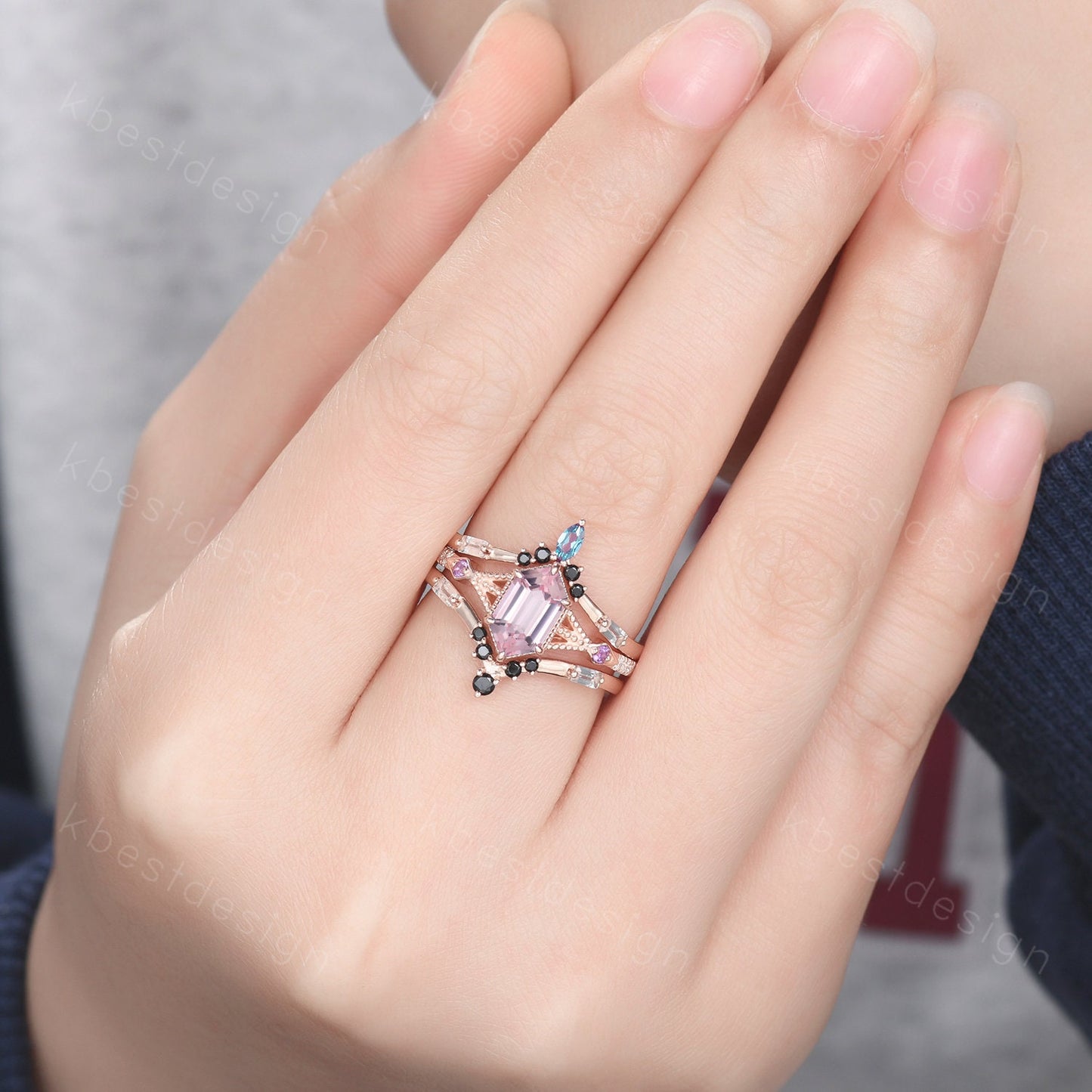 Antique Pink Sapphire Engagement Ring Set Women Hexagon cut Ring Unique Art Deco Aquamarine Stacking Matching Band Bridal Promise Set